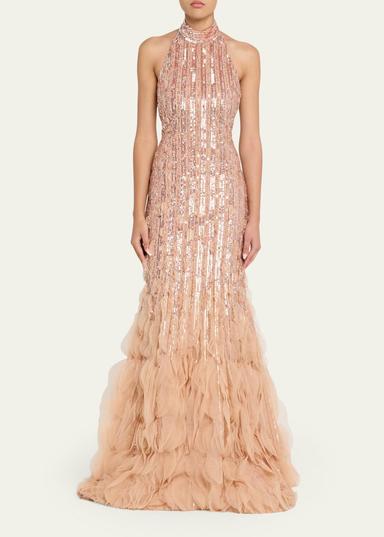 Pamella Roland Degrade Beaded Tulle Ruffle Halter Gown | Thumbnail 2