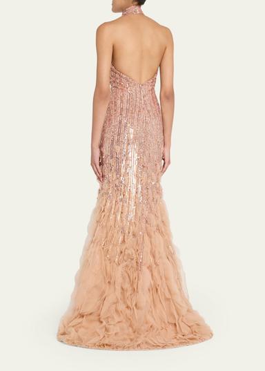 Pamella Roland Degrade Beaded Tulle Ruffle Halter Gown | Thumbnail 3