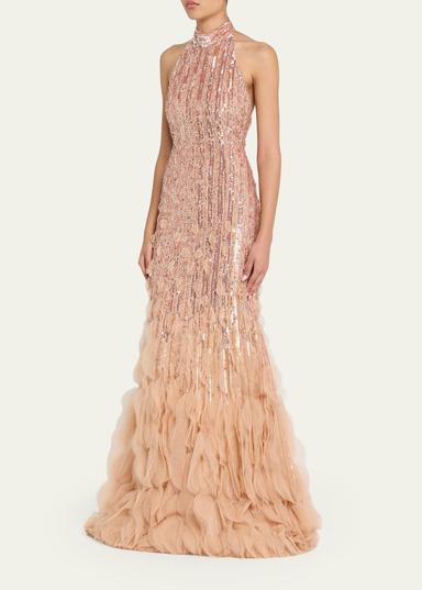 Pamella Roland Degrade Beaded Tulle Ruffle Halter Gown | Thumbnail 4