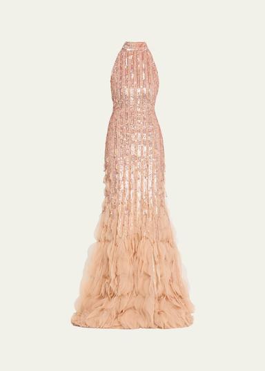 Pamella Roland Degrade Beaded Tulle Ruffle Halter Gown | Thumbnail 1