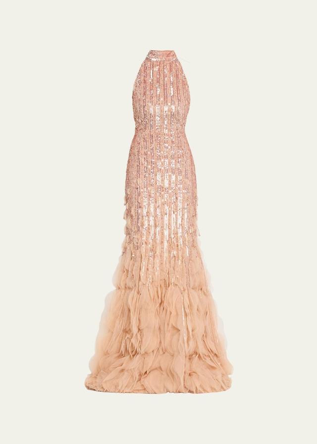 Degrade Beaded Tulle Ruffle Halter Gown