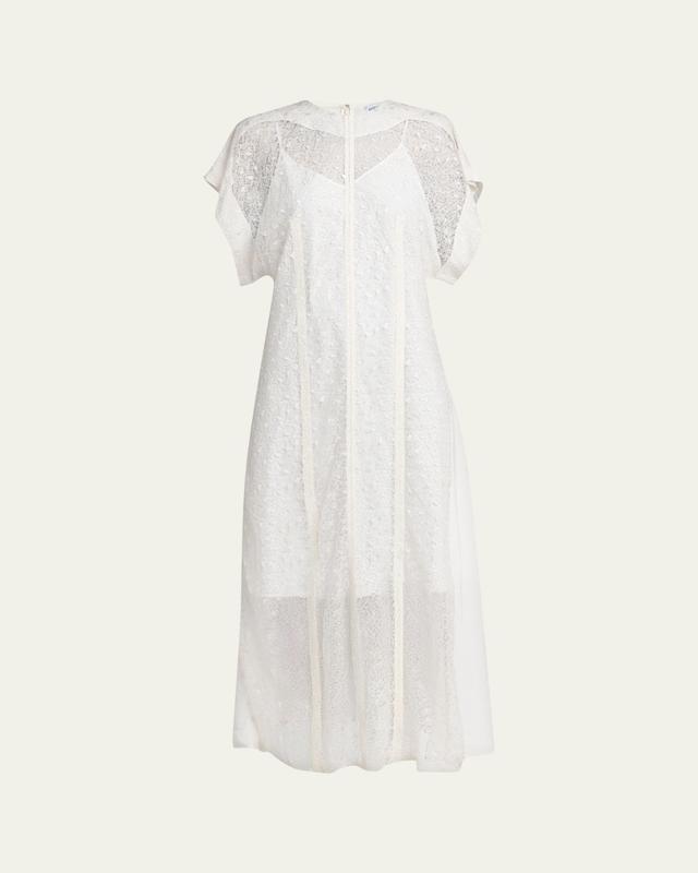 Bottega Veneta Sheer Floral Lace Short-Sleeve Midi Dress