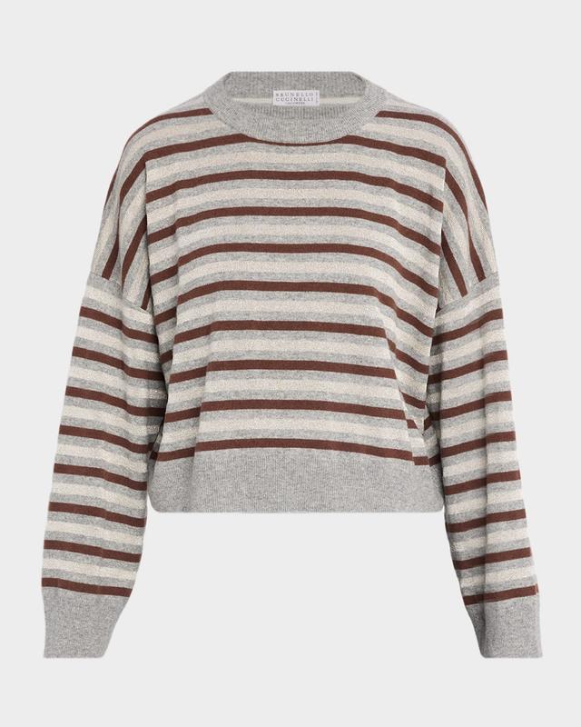 Brunello Cucinelli Shimmering Striped Wool-Cashmere Crop Sweater
