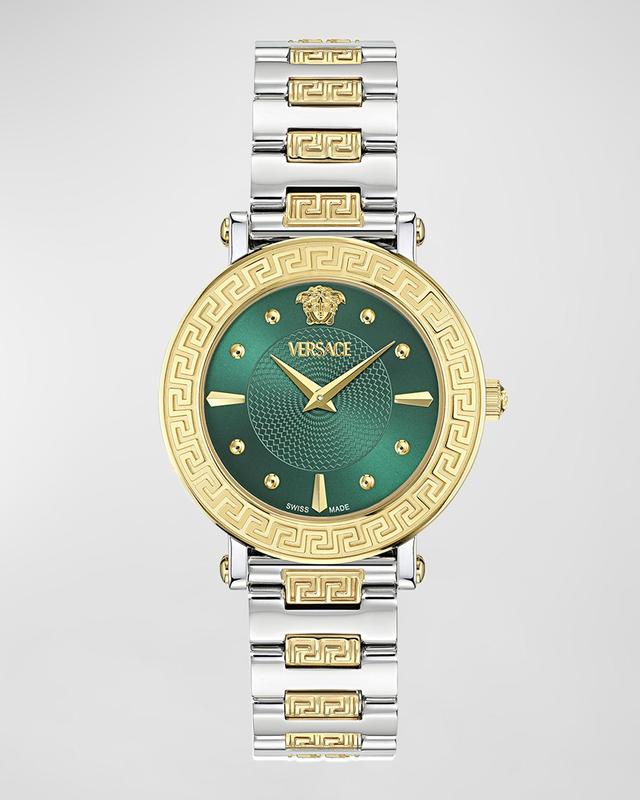 Versace 35mm Greca Sphere Watch with Bracelet Strap, Two Tone/Green