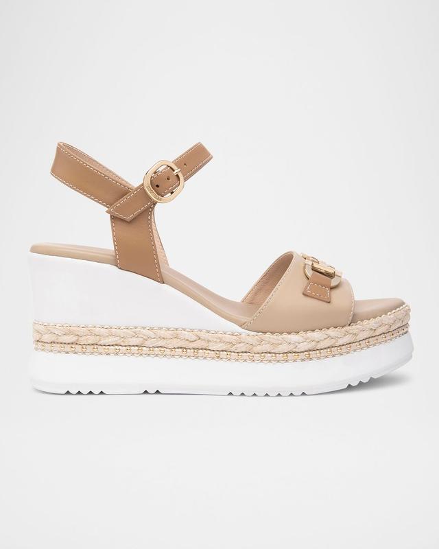 NeroGiardini Leather Horsebit Roped Platform Wedge Sandals