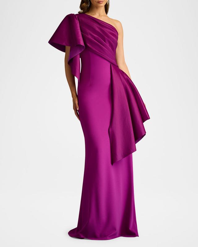 Draped One-Shoulder Taffeta Crepe Gown