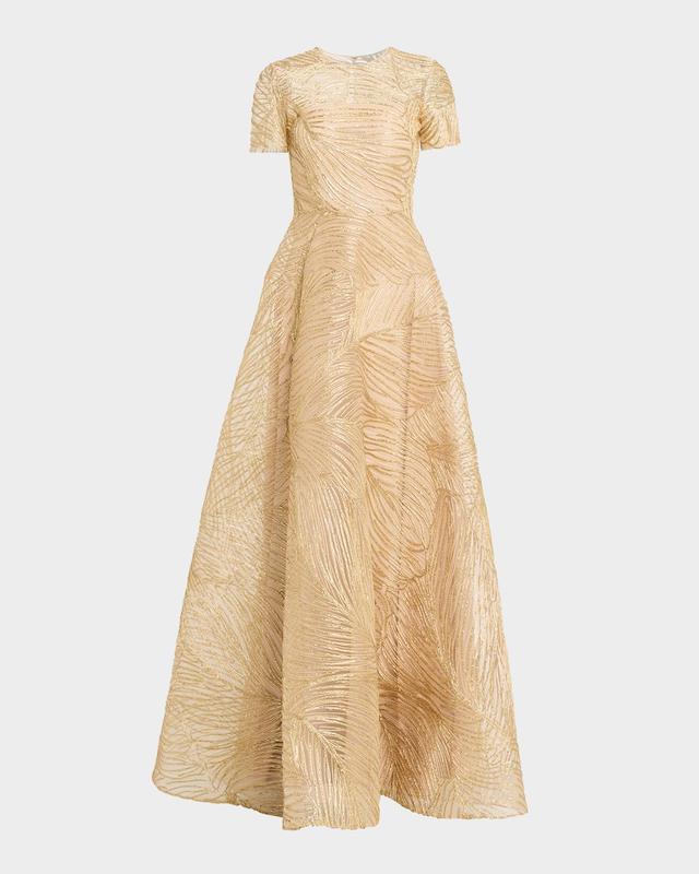 Naeem Khan Metallic Raffia Embroidered Short-Sleeve Gown
