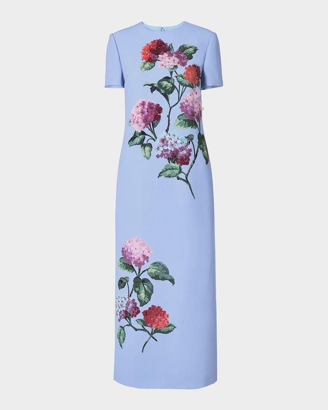 Carolina Herrera Hydrangea-Print Crepe Short-Sleeve Ankle Dress
