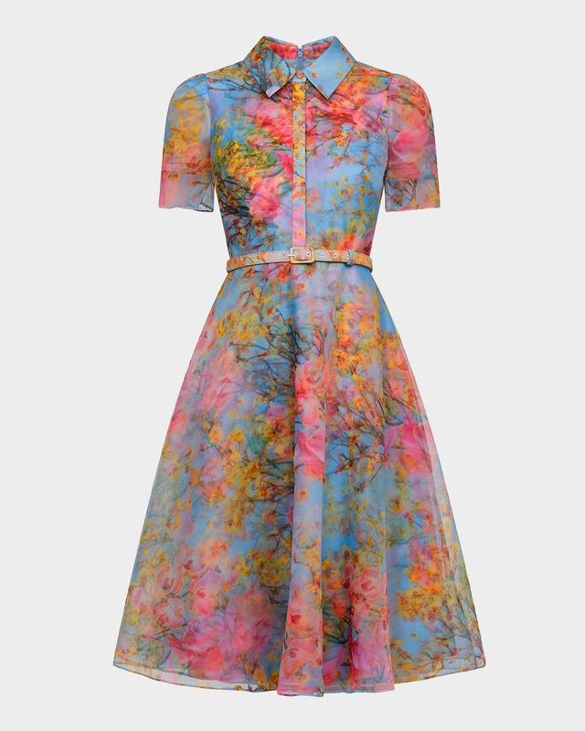 Theia Marcel Floral-Print Organza Midi Dress