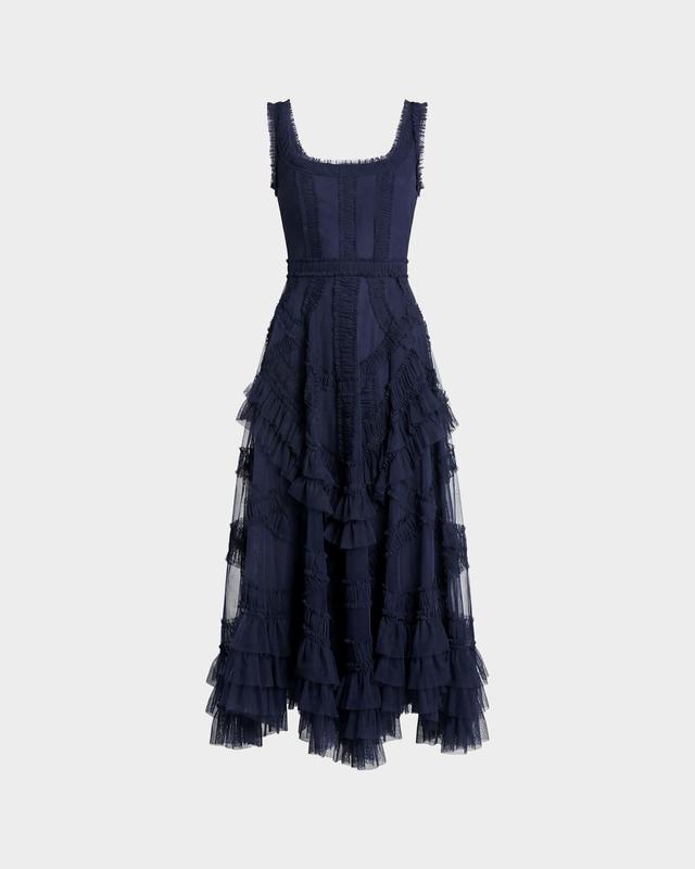 Mac Duggal Mesh Ruffled Scoopneck Midi-Dress