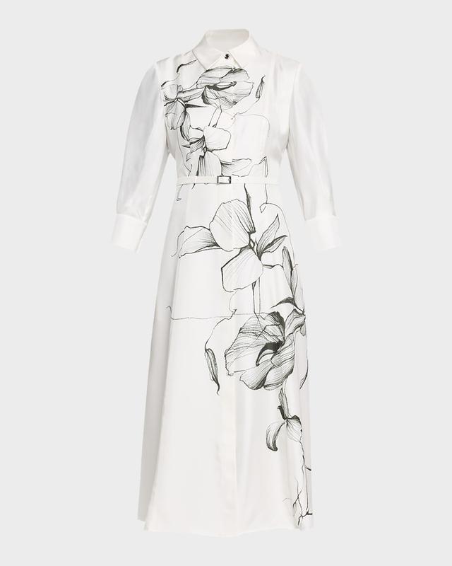 Jason Wu Collection Shadow Floral Silk Belted Midi Shirtdress
