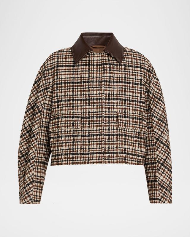 Brunello Cucinelli Leather-Collar Check Boxy Car Coat