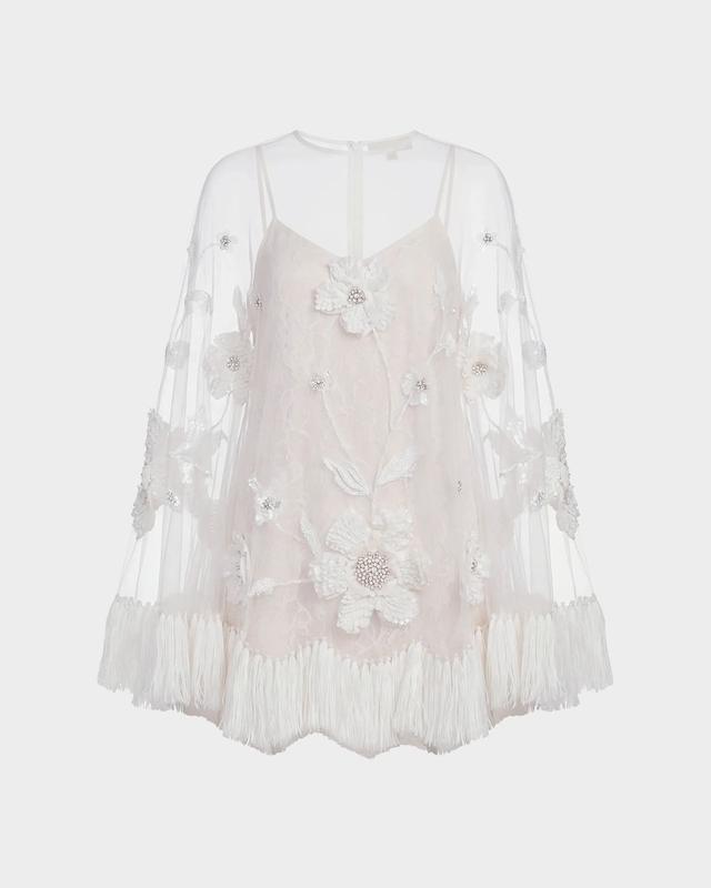 Mac Duggal Sheer Appliqué-Cape Mini Dress