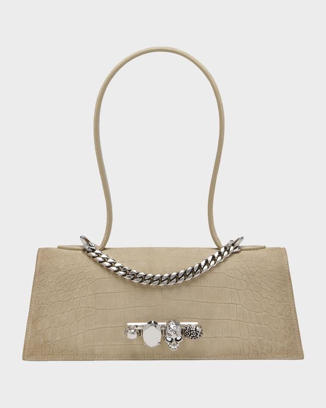 McQueen Jewelled Croc-Embossed Suede Top-Handle Bag