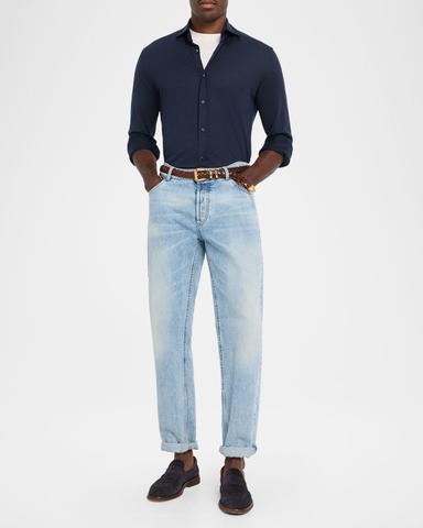 Brunello Cucinelli Men 's Silk and Cotton Jersey Long-Sleeve Polo Shirt | Thumbnail 2