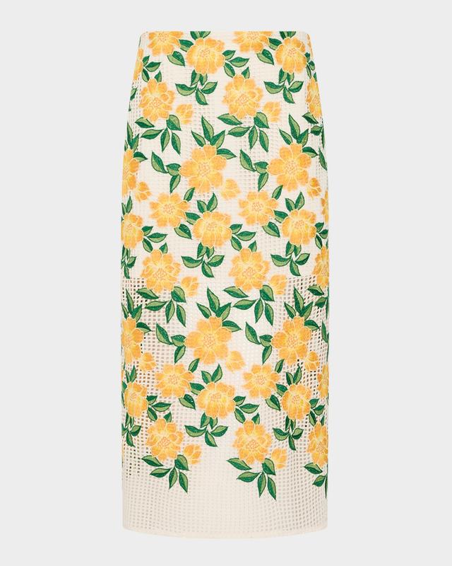 Milly Marta Floral-Embroidered Straight Midi Skirt