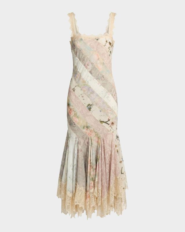 Floral Patchwork Chiffon Handkerchief-Hem Cocktail Dress