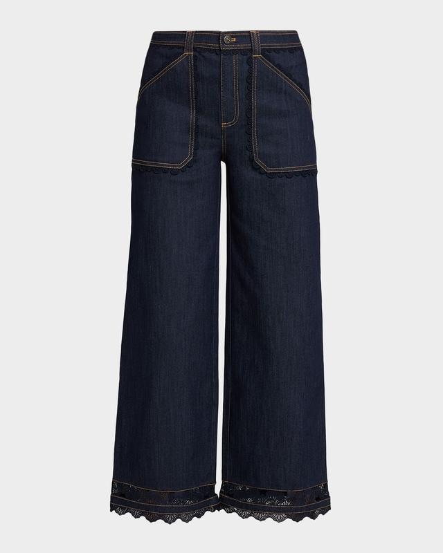 Cinq a Sept Scalloped Lace-Trimmed Wide-Leg Jeans