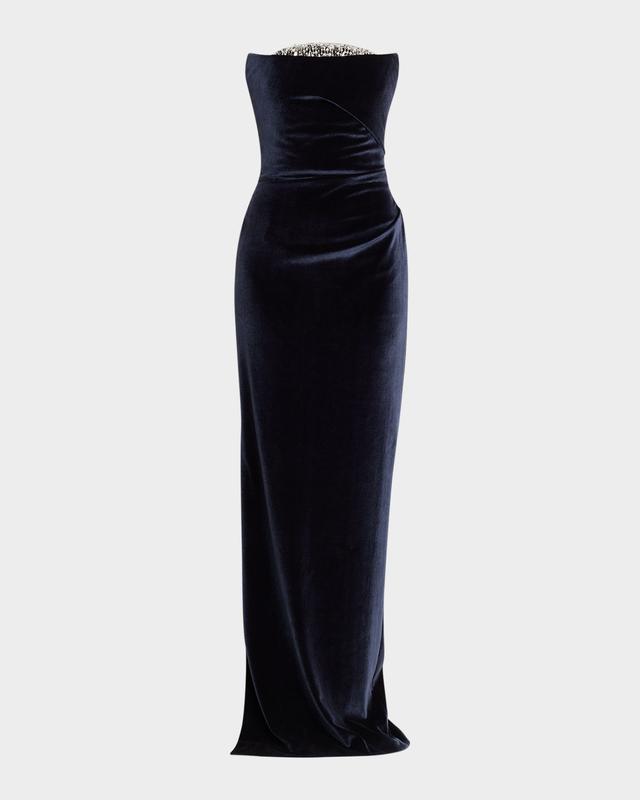 Strapless Crystal Embellished Velvet Column Gown
