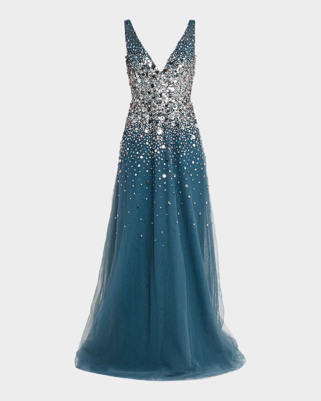 Pamella Roland Plunging Beaded Tulle A-Line Gown