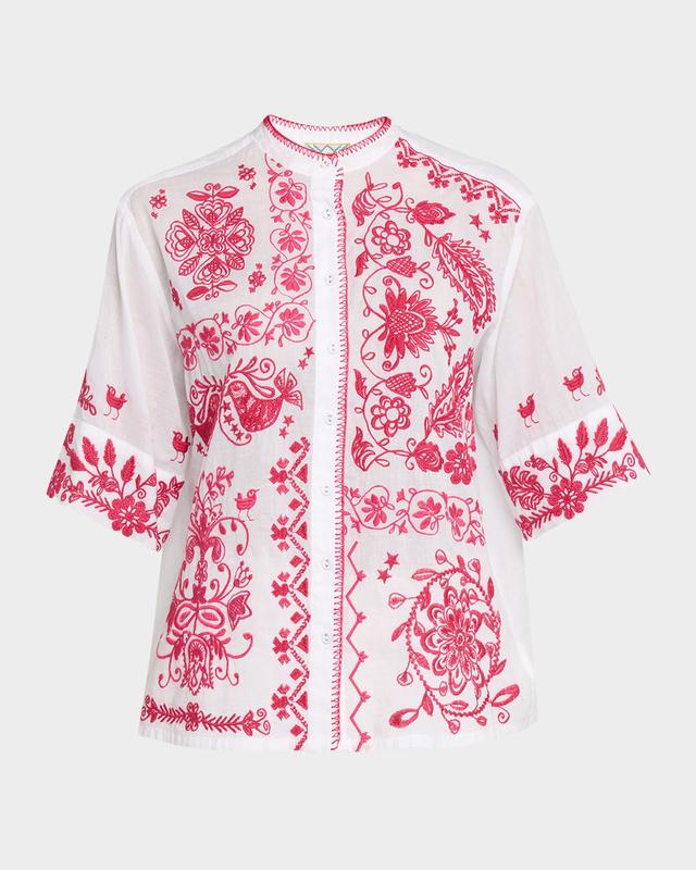 Johnny Was Floral-Embroidered Cotton Shirt