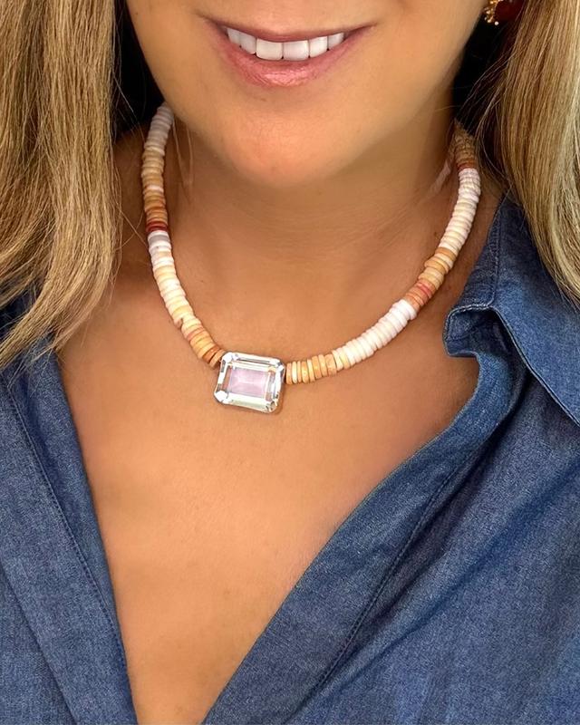 Emerald-Cut Quartz on Shell Choker