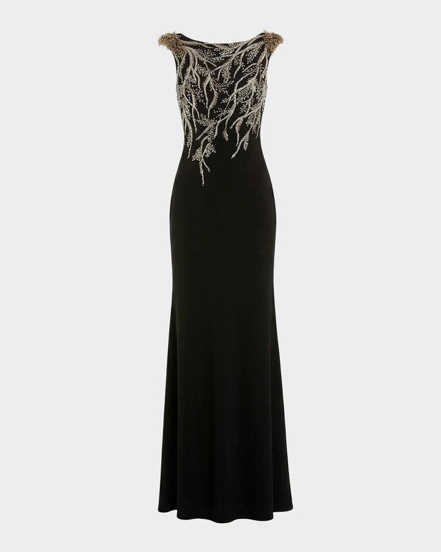 Mac Duggal Beaded Bateau-Neck Jersey Column Gown