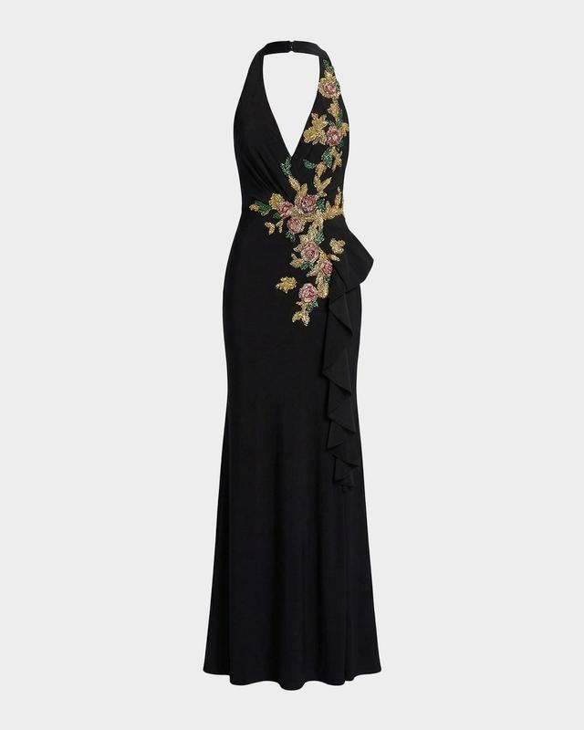 Mac Duggal Floral Beaded Plunging Halter Gown