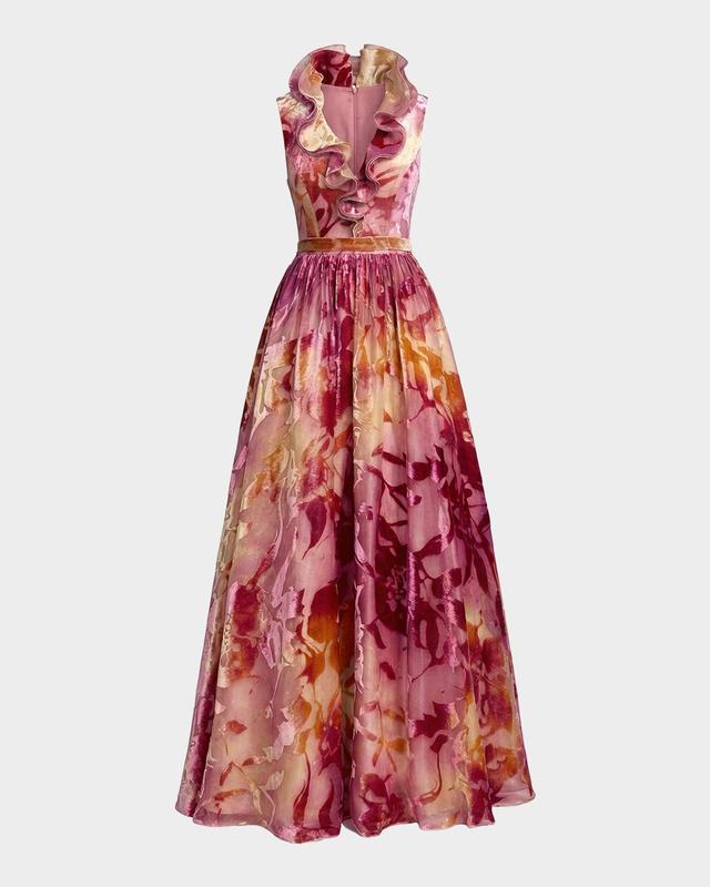 Mac Duggal Floral Burnout Organza Velvet Gown