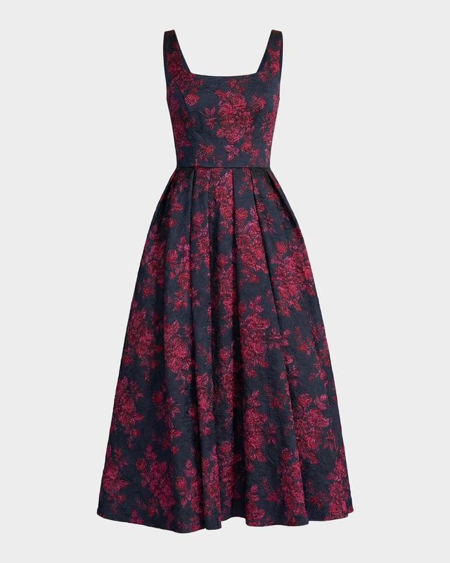 Mac Duggal Pleated Square-Neck Floral Brocade Midi Dress