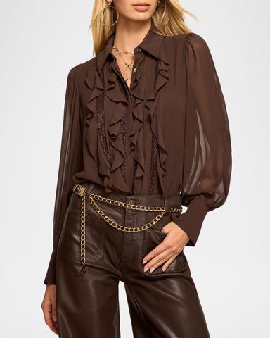 Ramy Brook Claire Ruffle Blouson-Sleeve Silk Blouse | Thumbnail 4
