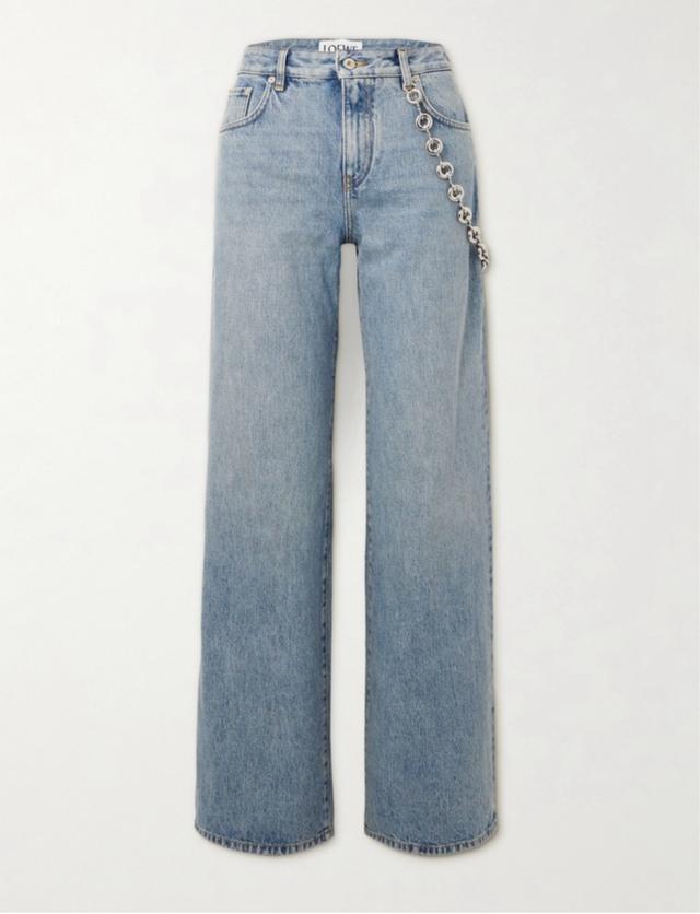 Chain-Embellished Mid-Rise Straight-Leg Jeans