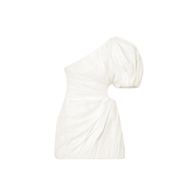One-Shoulder Cut-Out Gathered Ramie Mini Dress