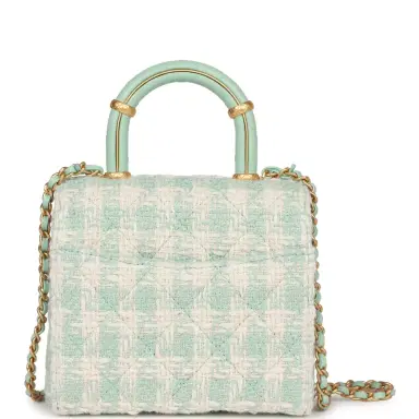 Chanel Chanel Mini Square Flap with Top Handle Turquoise and Ecru Tweed Antique Gold Hardware | Thumbnail 4 Chanel Chanel Mini Square Flap with Top Handle Turquoise and Ecru Tweed Antique Gold Hardware | Thumbnail 4