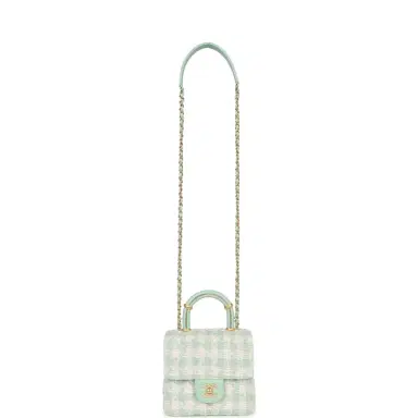 Chanel Chanel Mini Square Flap with Top Handle Turquoise and Ecru Tweed Antique Gold Hardware | Thumbnail 7 Chanel Chanel Mini Square Flap with Top Handle Turquoise and Ecru Tweed Antique Gold Hardware | Thumbnail 7