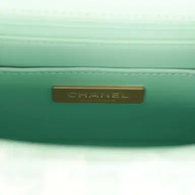 Chanel Chanel Mini Square Flap with Top Handle Turquoise and Ecru Tweed Antique Gold Hardware | Thumbnail 9 Chanel Chanel Mini Square Flap with Top Handle Turquoise and Ecru Tweed Antique Gold Hardware | Thumbnail 9