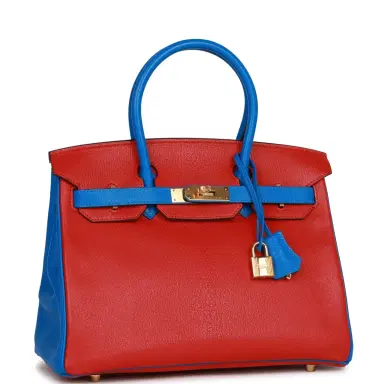 HERMÈS Hermes Special Order (HSS) Birkin 30 Rouge de Coeur and Bleu Hydra Chevre Gold Hardware | Thumbnail 2 HERMÈS Hermes Special Order (HSS) Birkin 30 Rouge de Coeur and Bleu Hydra Chevre Gold Hardware | Thumbnail 2
