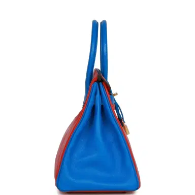 HERMÈS Hermes Special Order (HSS) Birkin 30 Rouge de Coeur and Bleu Hydra Chevre Gold Hardware | Thumbnail 3 HERMÈS Hermes Special Order (HSS) Birkin 30 Rouge de Coeur and Bleu Hydra Chevre Gold Hardware | Thumbnail 3