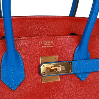 HERMÈS Hermes Special Order (HSS) Birkin 30 Rouge de Coeur and Bleu Hydra Chevre Gold Hardware | Thumbnail 7 HERMÈS Hermes Special Order (HSS) Birkin 30 Rouge de Coeur and Bleu Hydra Chevre Gold Hardware | Thumbnail 7