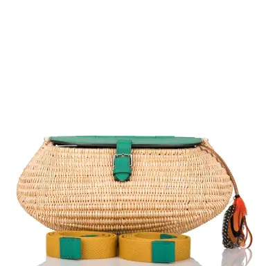 HERMÈS Hermes Vert Vertigo Swift and Osier Wicker Picnic Fishing Bag | Thumbnail 1 HERMÈS Hermes Vert Vertigo Swift and Osier Wicker Picnic Fishing Bag | Thumbnail 1