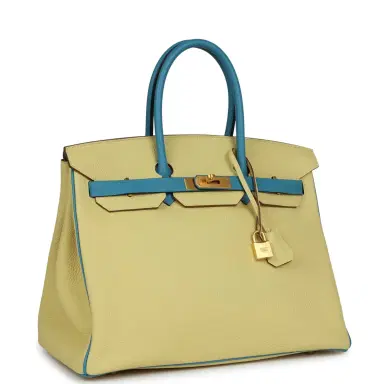 HERMÈS Pre-owned Hermes Special Order (HSS) Birkin 35 Jaune Poussin and Bleu Paradise Togo Brushed Gold Hardware | Thumbnail 2 HERMÈS Pre-owned Hermes Special Order (HSS) Birkin 35 Jaune Poussin and Bleu Paradise Togo Brushed Gold Hardware | Thumbnail 2