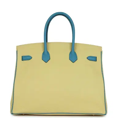 HERMÈS Pre-owned Hermes Special Order (HSS) Birkin 35 Jaune Poussin and Bleu Paradise Togo Brushed Gold Hardware | Thumbnail 4 HERMÈS Pre-owned Hermes Special Order (HSS) Birkin 35 Jaune Poussin and Bleu Paradise Togo Brushed Gold Hardware | Thumbnail 4