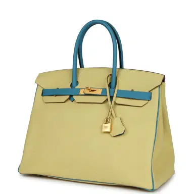 HERMÈS Pre-owned Hermes Special Order (HSS) Birkin 35 Jaune Poussin and Bleu Paradise Togo Brushed Gold Hardware | Thumbnail 5 HERMÈS Pre-owned Hermes Special Order (HSS) Birkin 35 Jaune Poussin and Bleu Paradise Togo Brushed Gold Hardware | Thumbnail 5