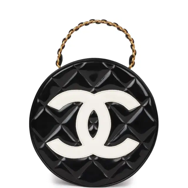 Vintage Chanel Round Vanity Bag Black and White Patent Leather Antique Gold Hardware Vintage Chanel Round Vanity Bag Black and White Patent Leather Antique Gold Hardware