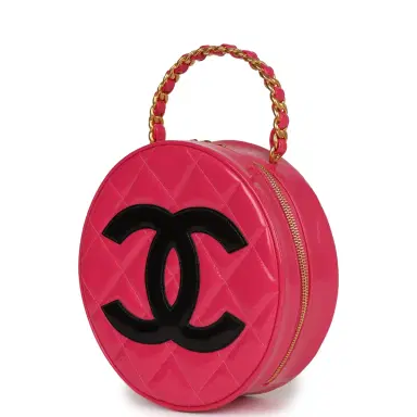 Chanel Vintage Chanel Round Vanity Bag Pink and Black Patent Leather Antique Gold Hardware | Thumbnail 5 Chanel Vintage Chanel Round Vanity Bag Pink and Black Patent Leather Antique Gold Hardware | Thumbnail 5