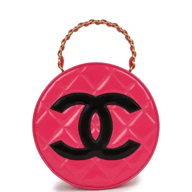Chanel Vintage Chanel Round Vanity Bag Pink and Black Patent Leather Antique Gold Hardware | Thumbnail 1 Chanel Vintage Chanel Round Vanity Bag Pink and Black Patent Leather Antique Gold Hardware | Thumbnail 1