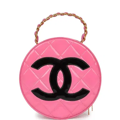 Chanel Vintage Chanel Round Vanity Bag Pink and Black Patent Leather Antique Gold Hardware | Thumbnail 1 Chanel Vintage Chanel Round Vanity Bag Pink and Black Patent Leather Antique Gold Hardware | Thumbnail 1