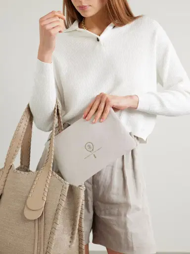Brunello Cucinelli Embroidered Leather-trimmed Cotton And Linen-blend Tweed Pouch | Thumbnail 2 Brunello Cucinelli Embroidered Leather-trimmed Cotton And Linen-blend Tweed Pouch | Thumbnail 2