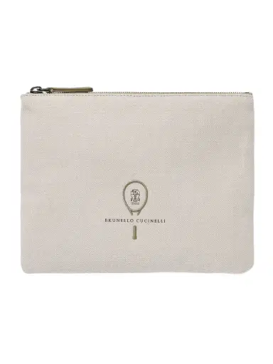 Brunello Cucinelli Embroidered Leather-trimmed Cotton And Linen-blend Tweed Pouch | Thumbnail 1 Brunello Cucinelli Embroidered Leather-trimmed Cotton And Linen-blend Tweed Pouch | Thumbnail 1