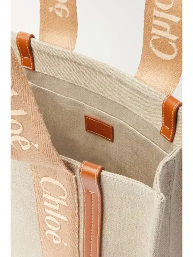 Chloé Woody Medium Leather And Webbing-trimmed Linen Tote | Thumbnail 5 Chloé Woody Medium Leather And Webbing-trimmed Linen Tote | Thumbnail 5